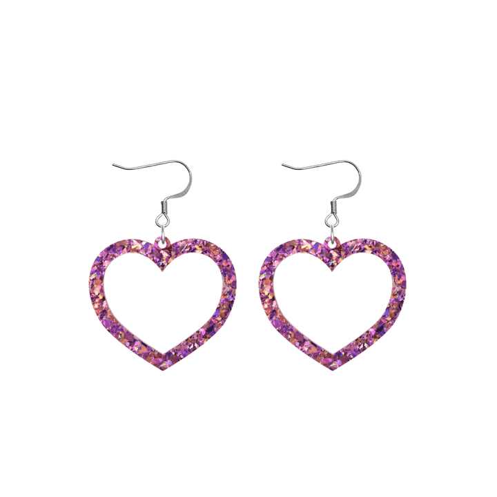 haus of dizzy crystal barbie hearts in amethyst size small with hooks no heart tops. hearts are filled with purple/pink holographic foil/glitter