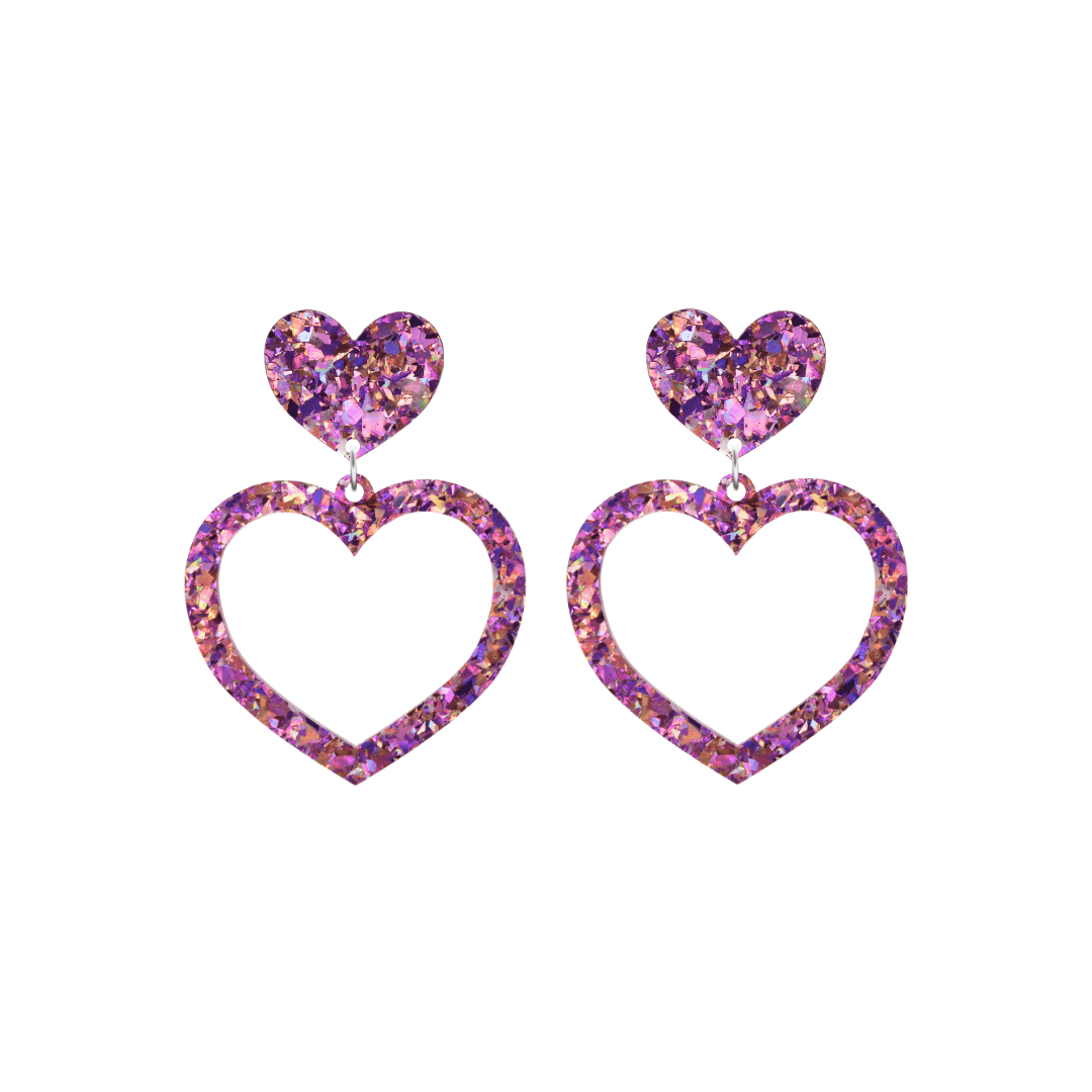 haus of dizzy crystal barbie hearts in amethyst size small. hearts are filled with purple/pink holographic foil/glitter