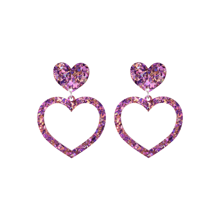 haus of dizzy crystal barbie hearts in amethyst size small. hearts are filled with purple/pink holographic foil/glitter