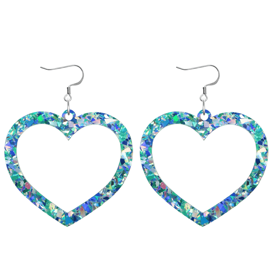 haus of dizzy crystal barbie hearts in aquamarine size large with hooks no heart tops. hearts are filled with blue holographic foil/glitter
