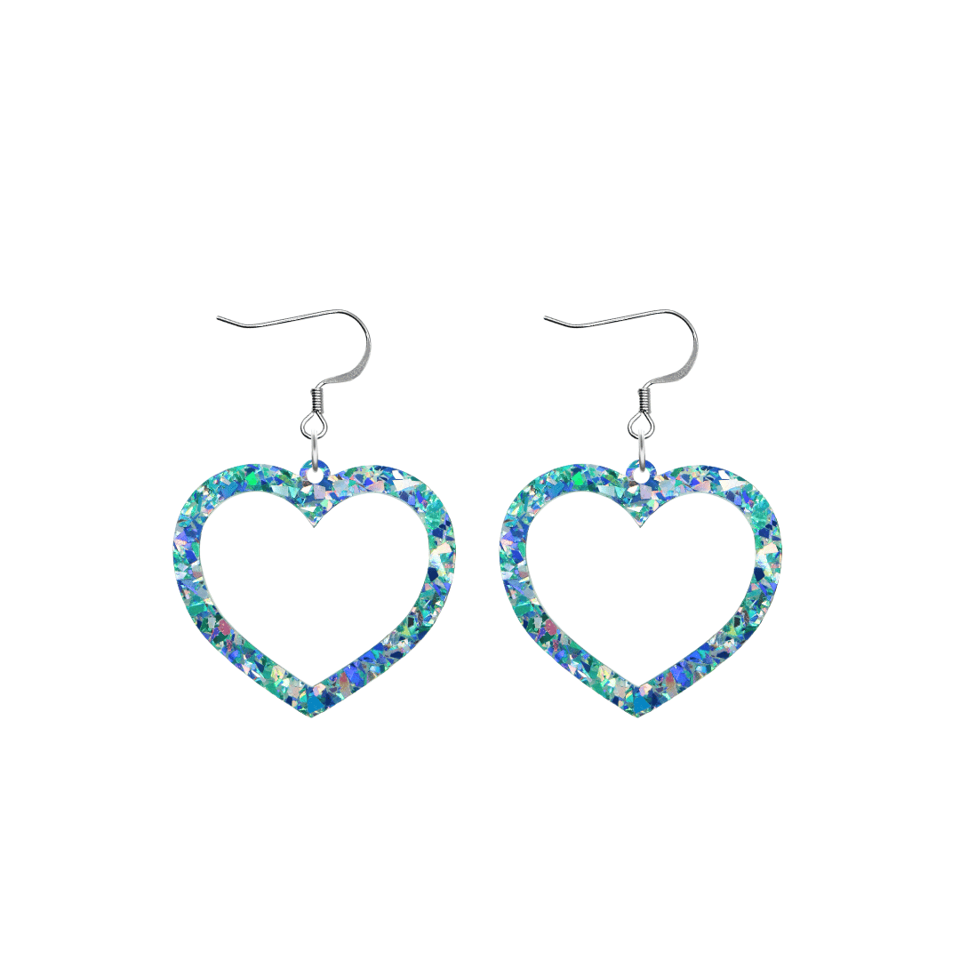 haus of dizzy crystal barbie hearts in aquamarine size small with hooks no heart tops. hearts are filled with blue holographic foil/glitter