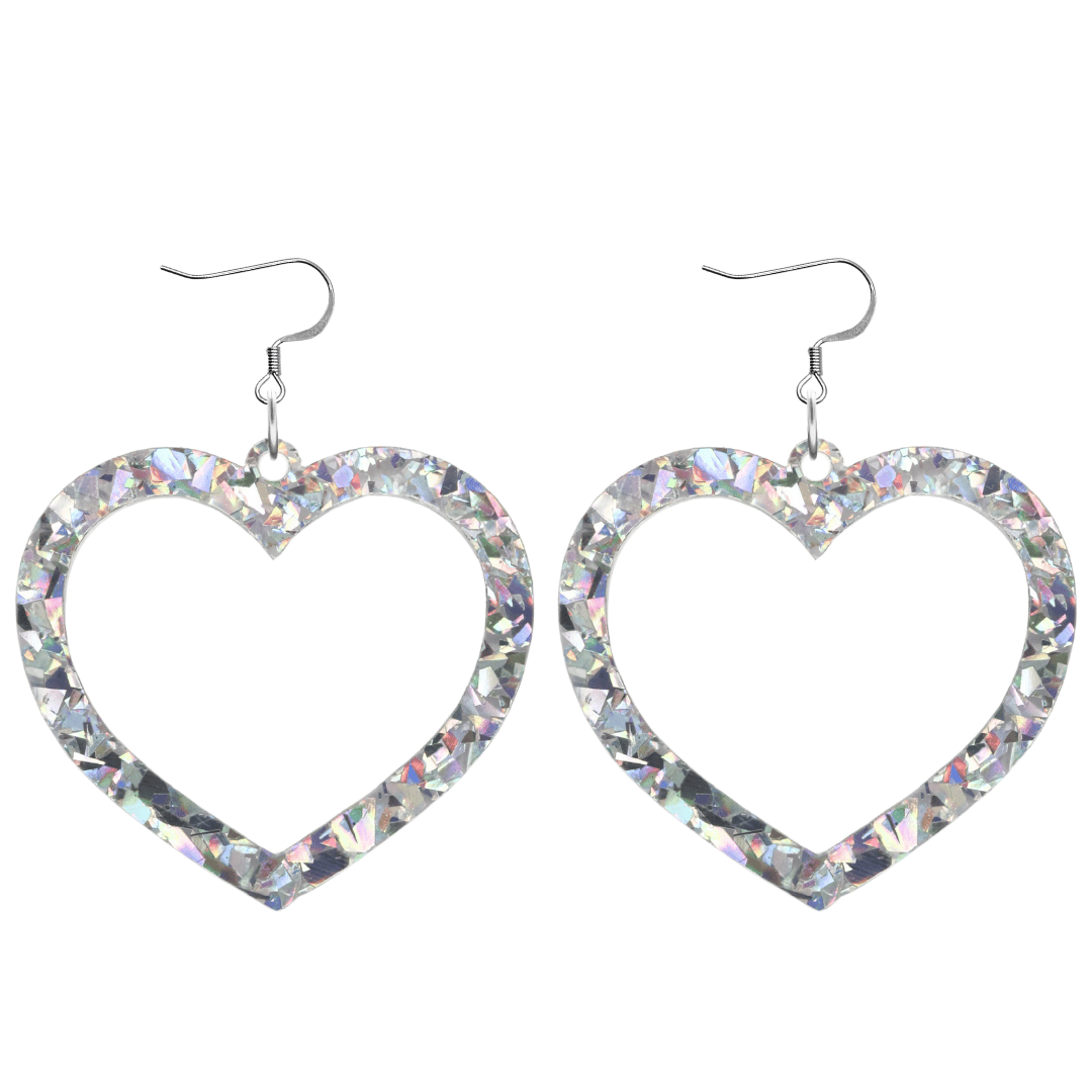 haus of dizzy crystal barbie hearts in clear quartz size large with hooks no heart tops. hearts are filled with silver/clear holographic foil/glitter