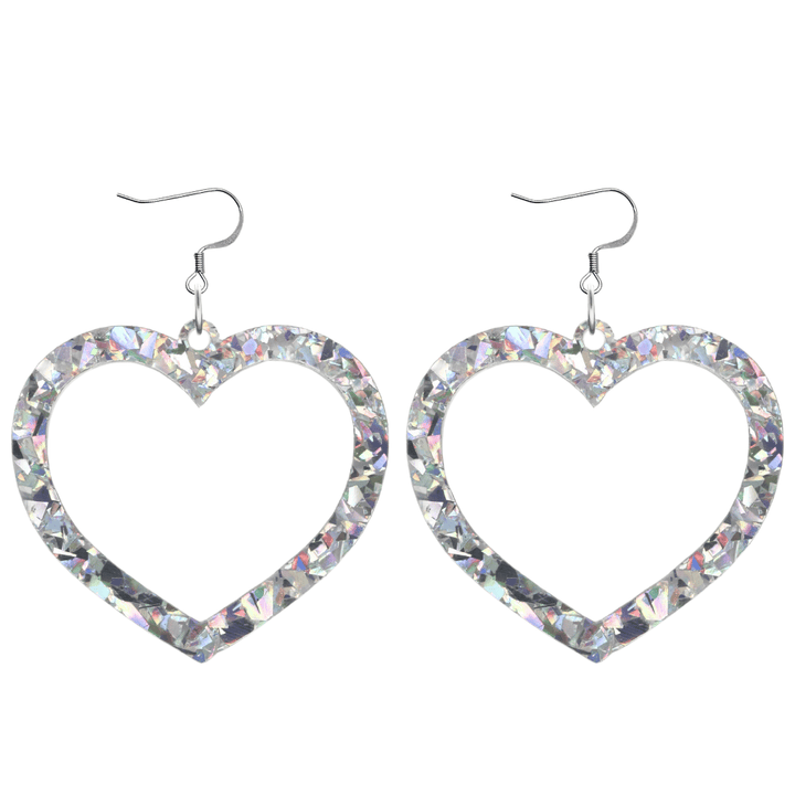 haus of dizzy crystal barbie hearts in clear quartz size large with hooks no heart tops. hearts are filled with silver/clear holographic foil/glitter