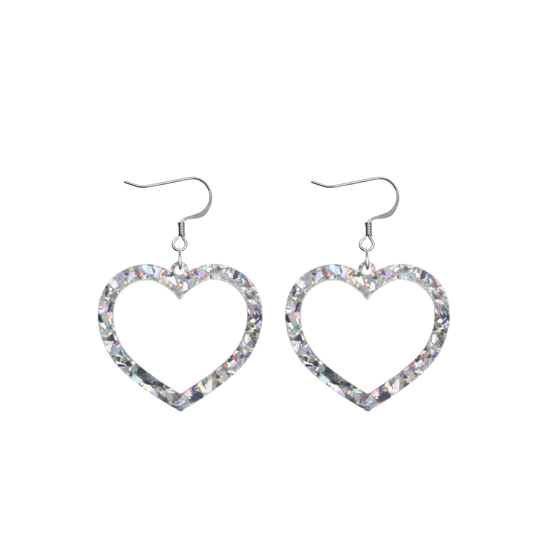 haus of dizzy crystal barbie hearts in clear quartz size small with hooks no heart tops. hearts are filled with silver/clear holographic foil/glitter
