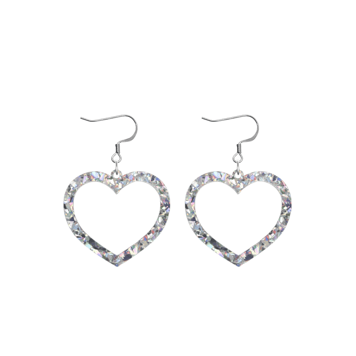 haus of dizzy crystal barbie hearts in clear quartz size small with hooks no heart tops. hearts are filled with silver/clear holographic foil/glitter
