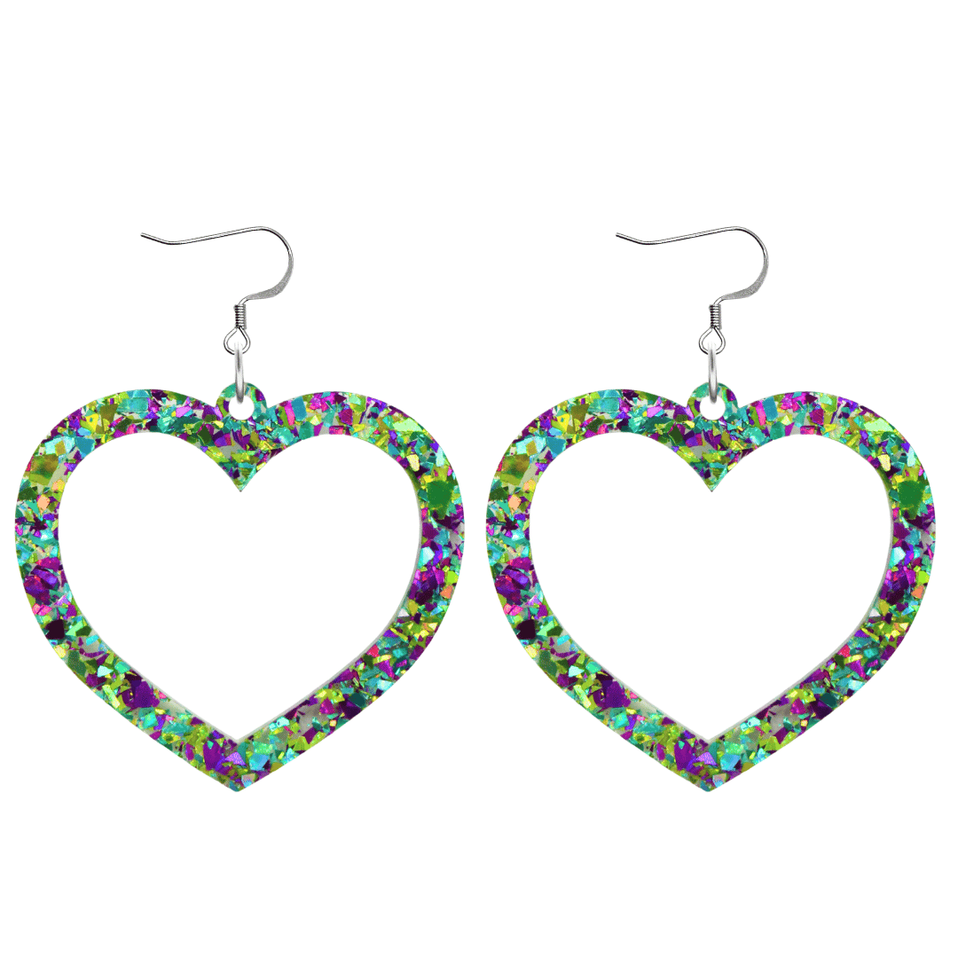 haus of dizzy crystal barbie hearts in fluorite size large with hooks no heart tops. hearts are filled with green, purple and teal holographic foil/glitter