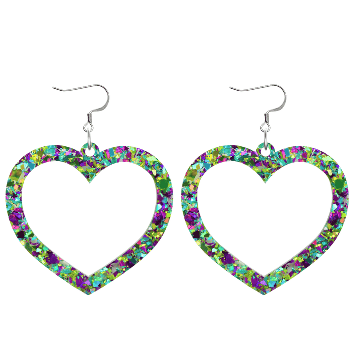 haus of dizzy crystal barbie hearts in fluorite size large with hooks no heart tops. hearts are filled with green, purple and teal holographic foil/glitter