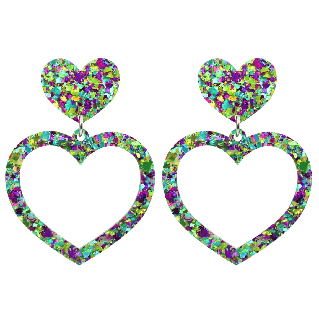 haus of dizzy crystal barbie hearts in fluorite size large. hearts are filled with green, purple and teal holographic foil/glitter