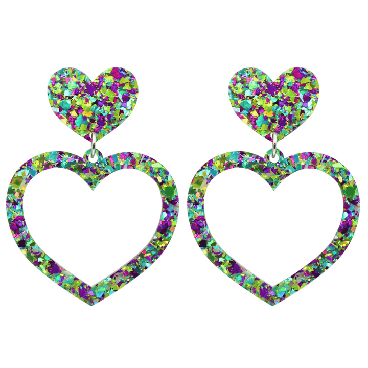 haus of dizzy crystal barbie hearts in fluorite size large. hearts are filled with green, purple and teal holographic foil/glitter