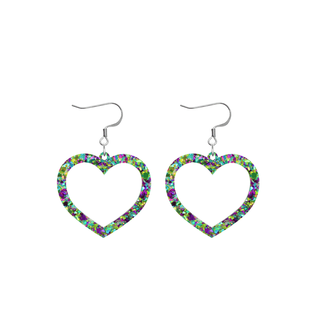 haus of dizzy crystal barbie hearts in fluorite size small with hooks no heart tops. hearts are filled with green, purple and teal holographic foil/glitter
