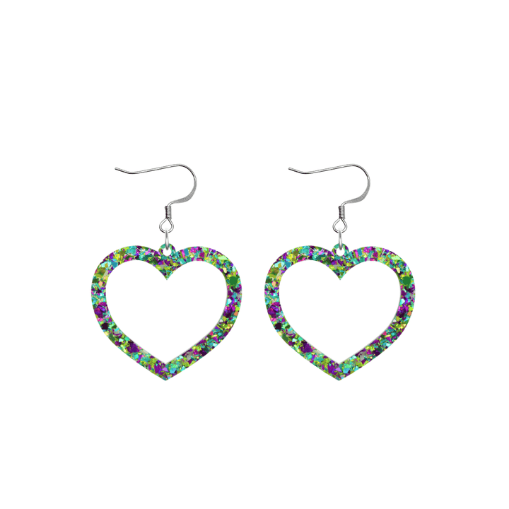 haus of dizzy crystal barbie hearts in fluorite size small with hooks no heart tops. hearts are filled with green, purple and teal holographic foil/glitter