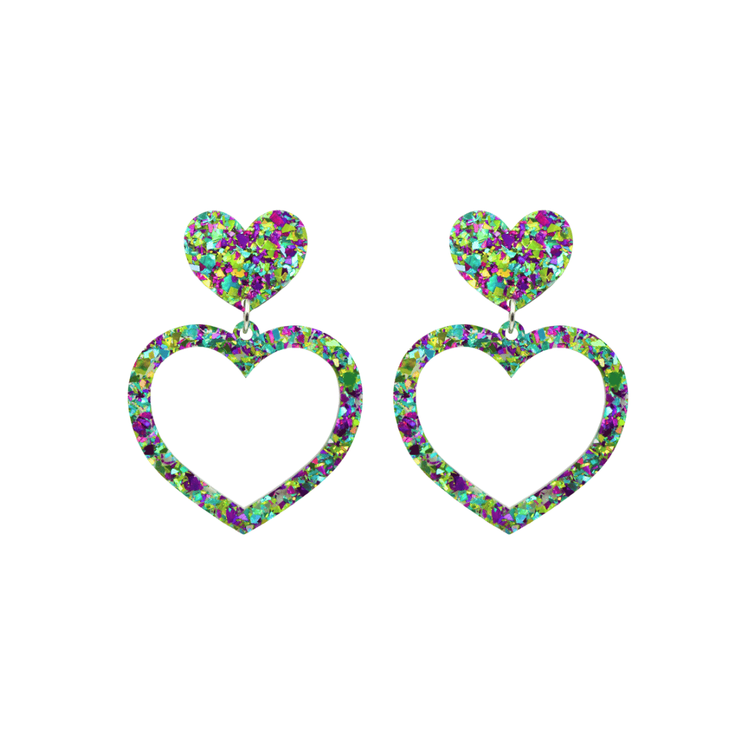 haus of dizzy crystal barbie hearts in fluorite size small. hearts are filled with green, purple and teal holographic foil/glitter