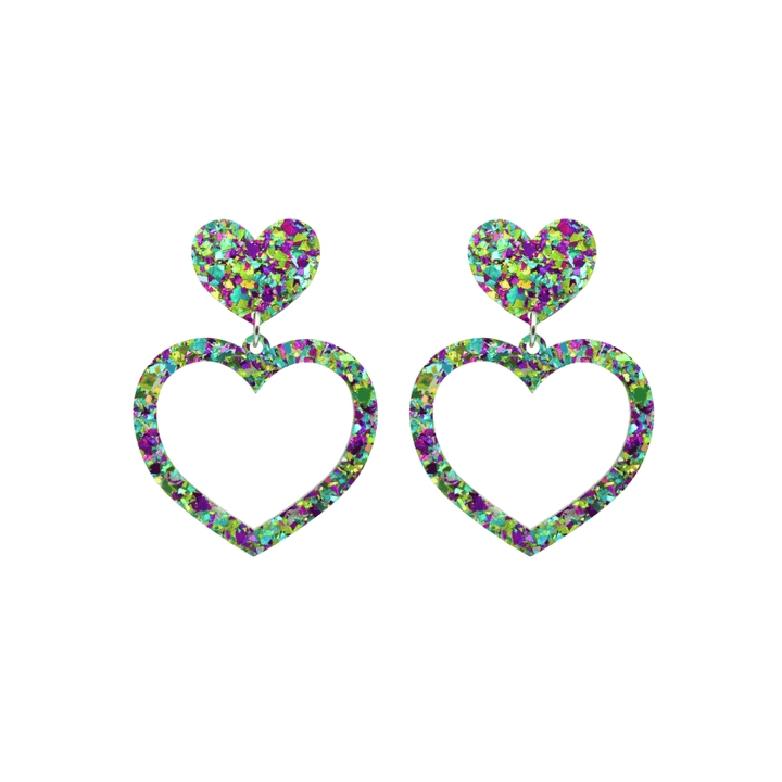 haus of dizzy crystal barbie hearts in fluorite size small. hearts are filled with green, purple and teal holographic foil/glitter
