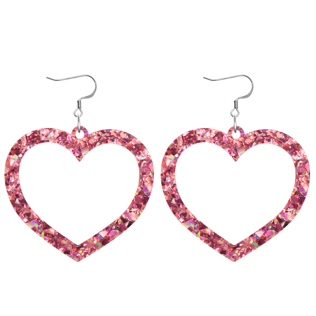 haus of dizzy crystal barbie hearts in rose quartz size large with hooks no heart tops. hearts are filled with pink holographic foil/glitter