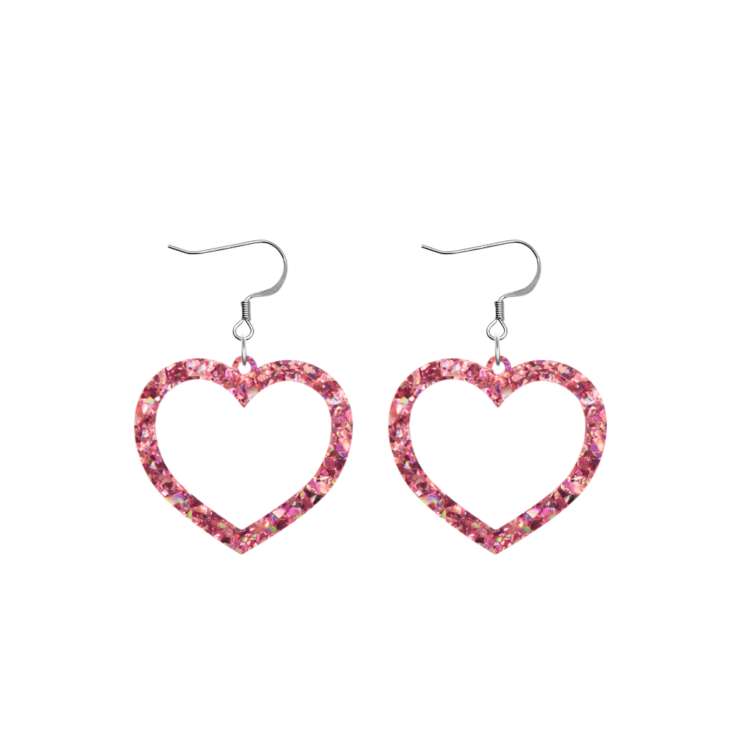 haus of dizzy crystal barbie hearts in rose quartz size small with hooks no heart tops. hearts are filled with pink holographic foil/glitter