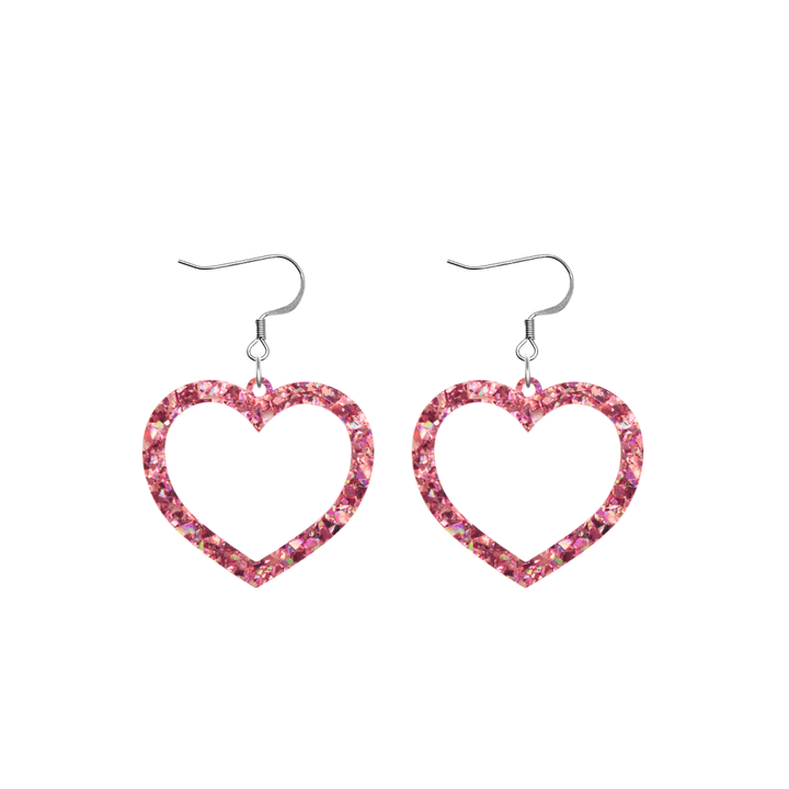 haus of dizzy crystal barbie hearts in rose quartz size small with hooks no heart tops. hearts are filled with pink holographic foil/glitter