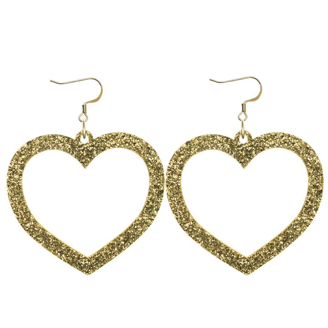 haus of dizzy glitter barbie heart earrings with gold glitter size large with hooks no heart tops