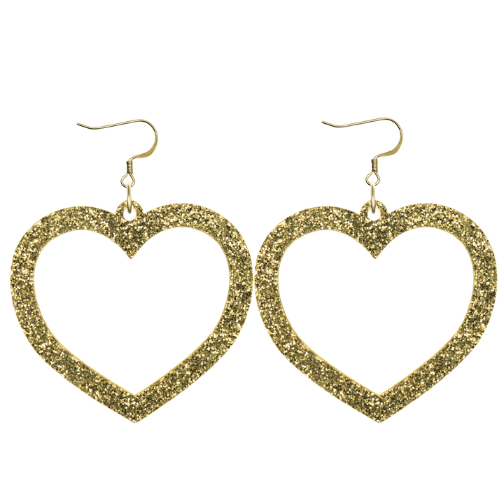 haus of dizzy glitter barbie heart earrings with gold glitter size large with hooks no heart tops