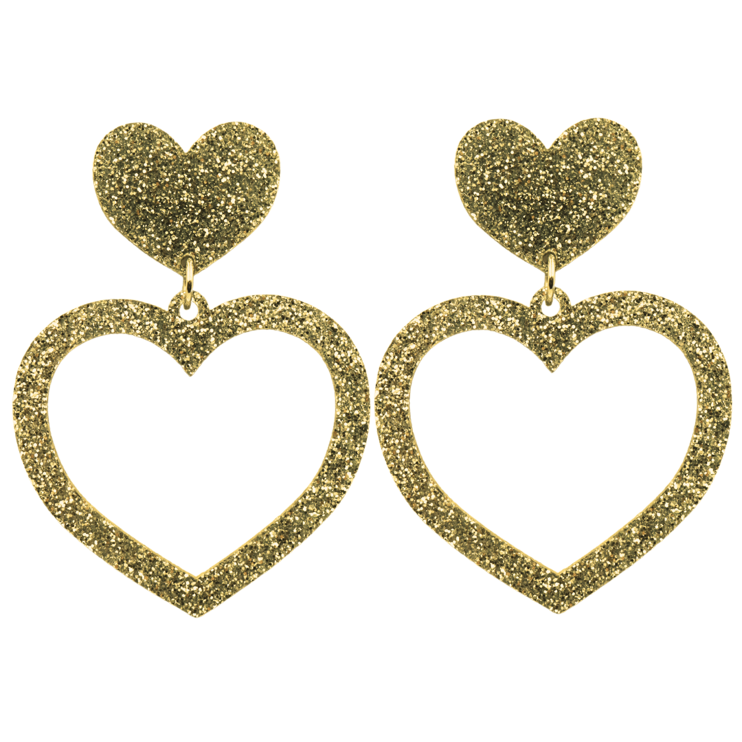 haus of dizzy glitter barbie heart earrings with gold glitter size large 
