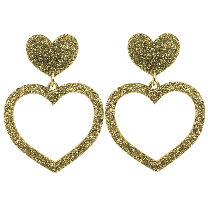 haus of dizzy glitter barbie heart earrings with gold glitter size large 