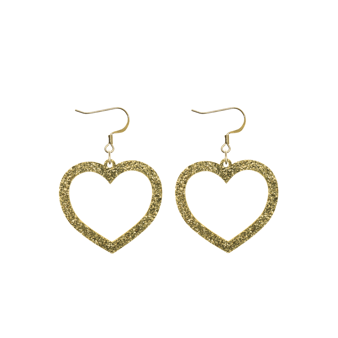 haus of dizzy glitter barbie heart earrings with gold glitter size small with hooks no heart tops