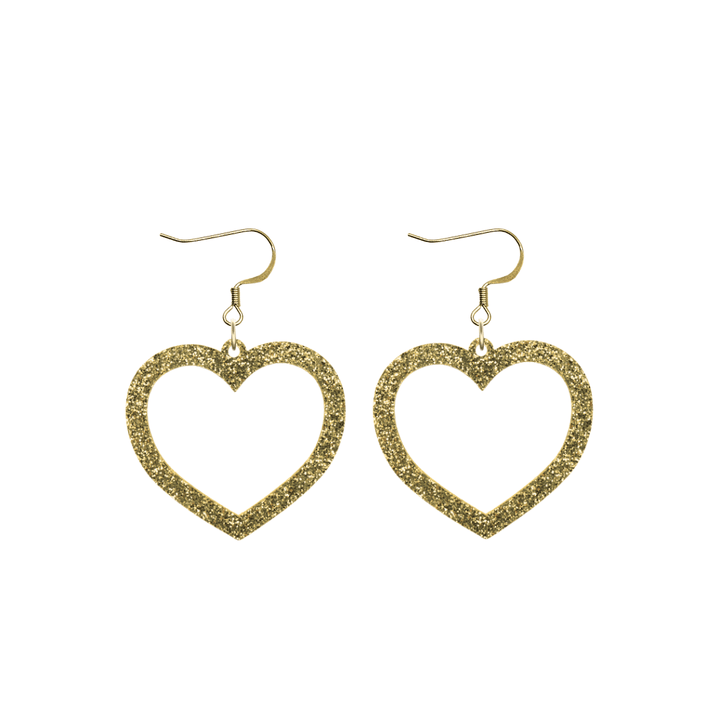 haus of dizzy glitter barbie heart earrings with gold glitter size small with hooks no heart tops
