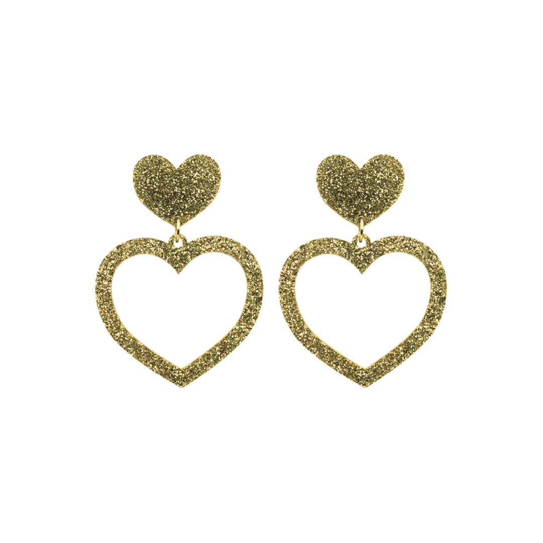 haus of dizzy glitter barbie heart earrings with gold glitter size small