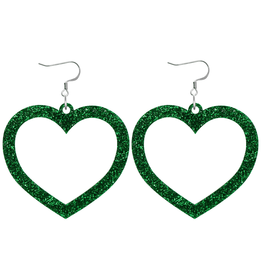 haus of dizzy glitter barbie heart earrings with green glitter size large with hooks no heart tops