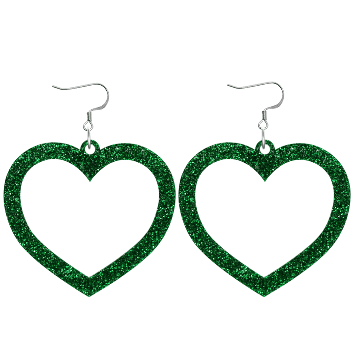 haus of dizzy glitter barbie heart earrings with green glitter size large with hooks no heart tops