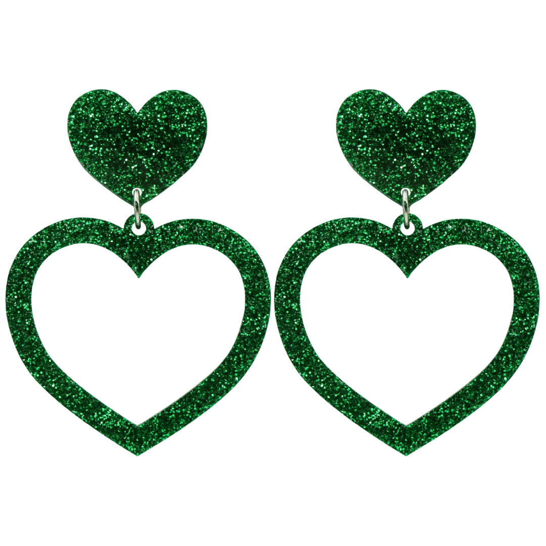 haus of dizzy glitter barbie heart earrings with green glitter size large 