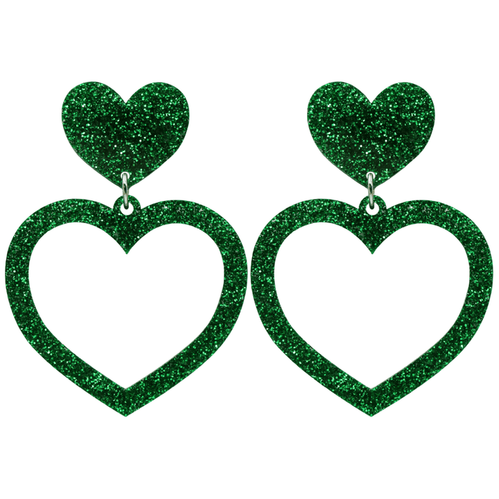 haus of dizzy glitter barbie heart earrings with green glitter size large 