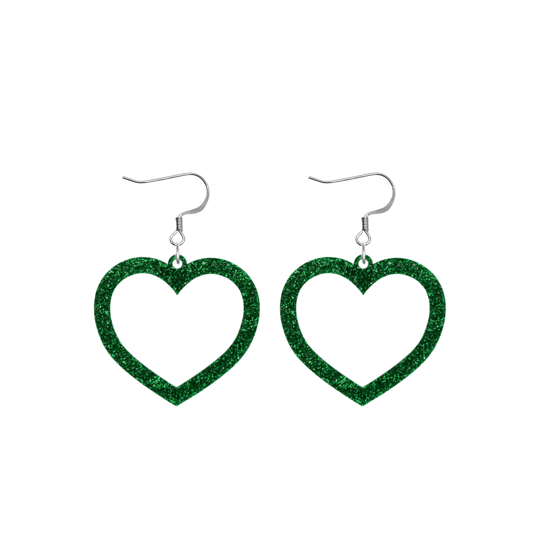 haus of dizzy glitter barbie heart earrings with green glitter size small with hooks no heart tops