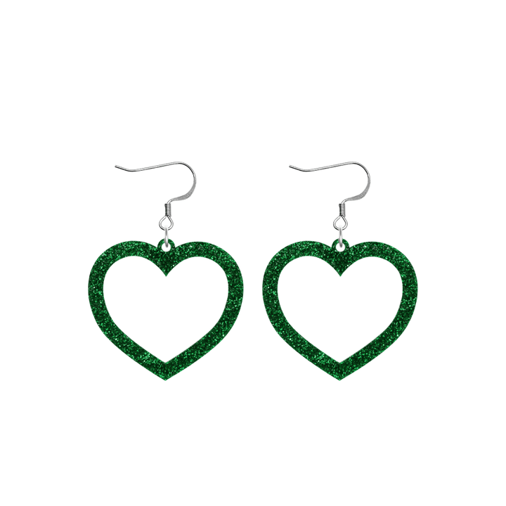 haus of dizzy glitter barbie heart earrings with green glitter size small with hooks no heart tops