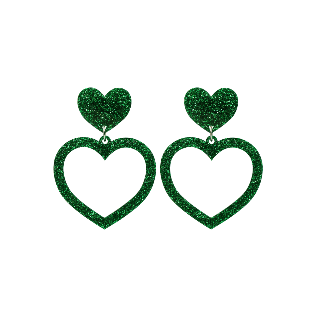 haus of dizzy glitter barbie heart earrings with green glitter size small