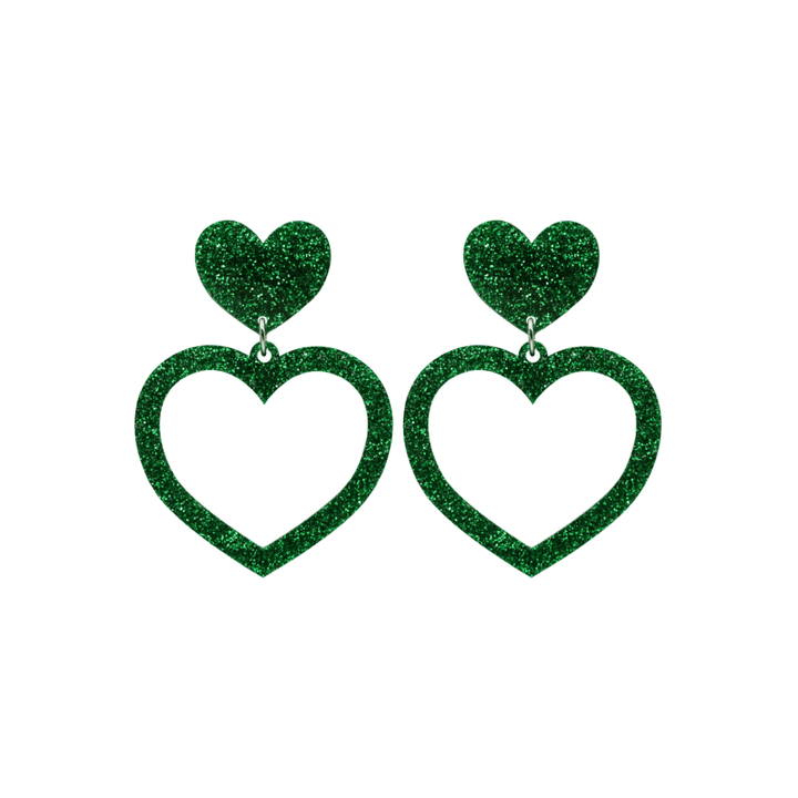 haus of dizzy glitter barbie heart earrings with green glitter size small
