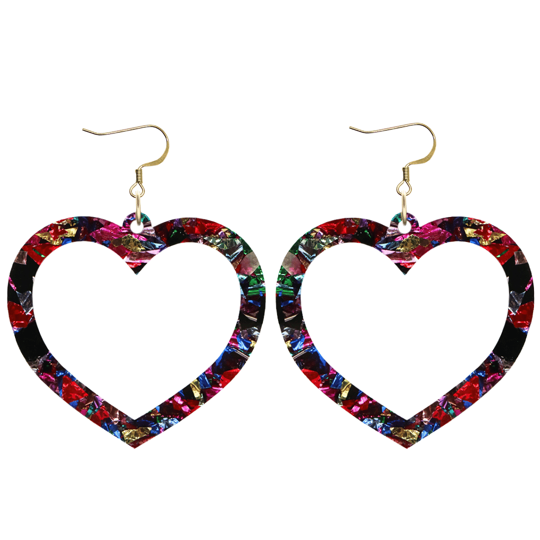 haus of dizzy kaleidoscope barbie heart earrings with rainbow coloured foil glitter acrylic size large with hooks no heart tops