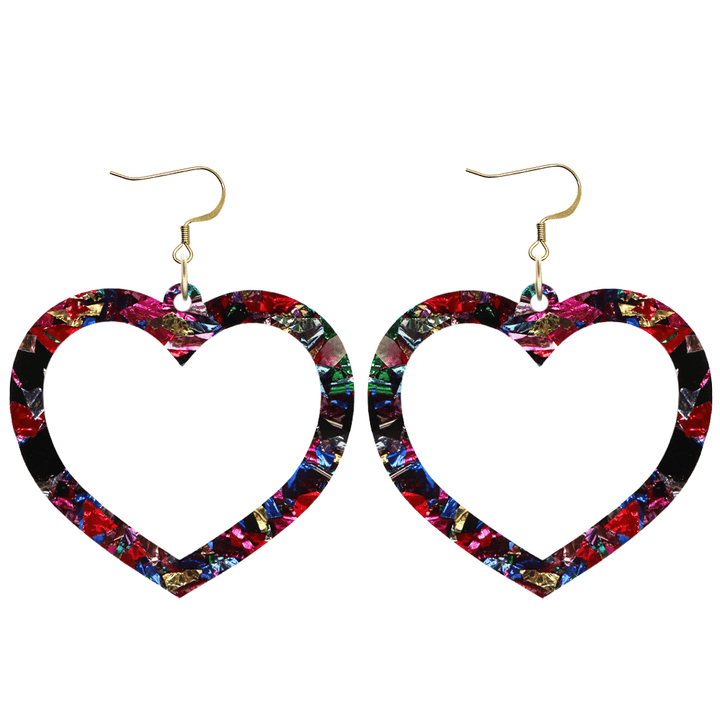 haus of dizzy kaleidoscope barbie heart earrings with rainbow coloured foil glitter acrylic size large with hooks no heart tops