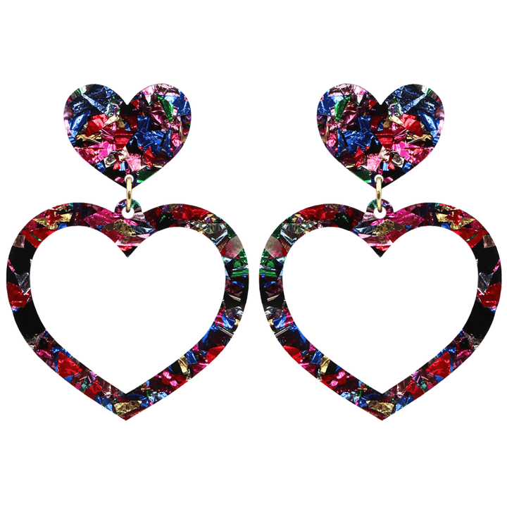 haus of dizzy kaleidoscope barbie heart earrings with rainbow coloured foil glitter acrylic size large