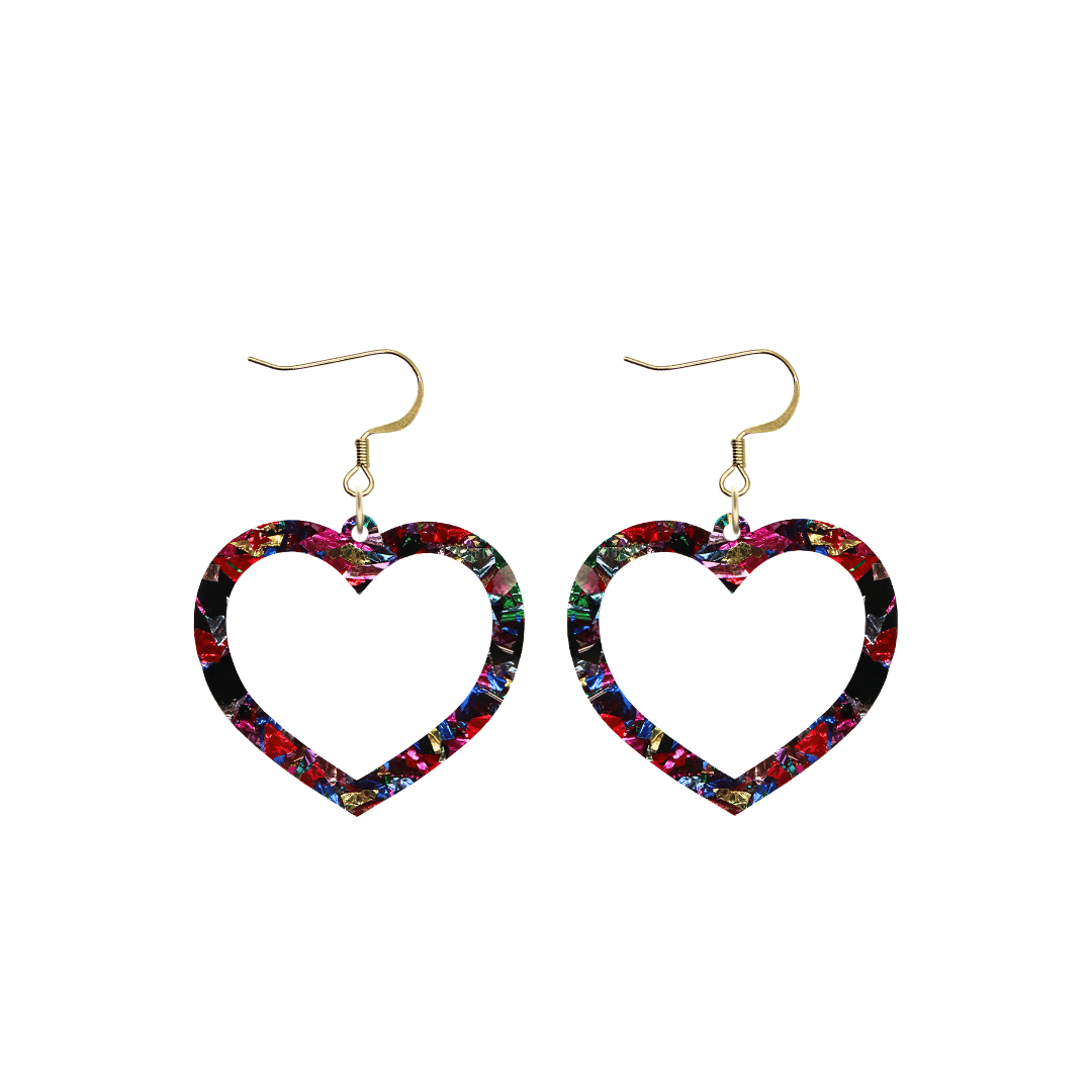 haus of dizzy kaleidoscope barbie heart earrings with rainbow coloured foil glitter acrylic size small with hooks no heart tops