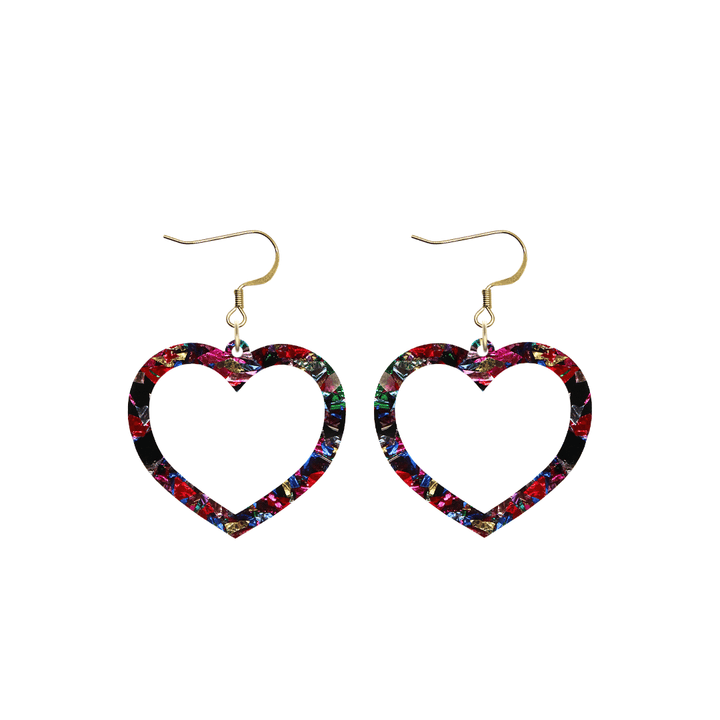 haus of dizzy kaleidoscope barbie heart earrings with rainbow coloured foil glitter acrylic size small with hooks no heart tops