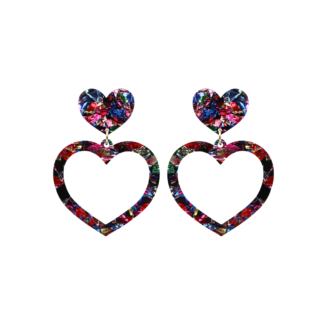 haus of dizzy kaleidoscope barbie heart earrings with rainbow coloured foil glitter acrylic size small