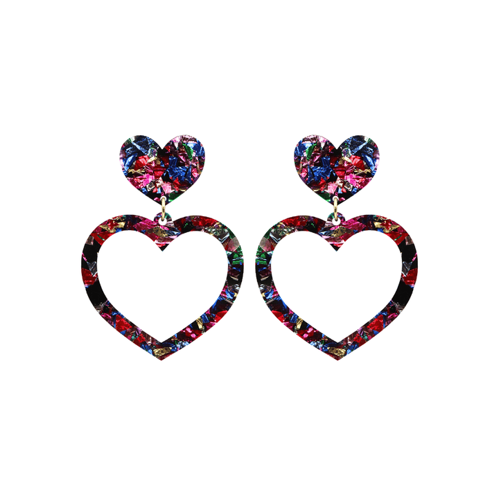 haus of dizzy kaleidoscope barbie heart earrings with rainbow coloured foil glitter acrylic size small
