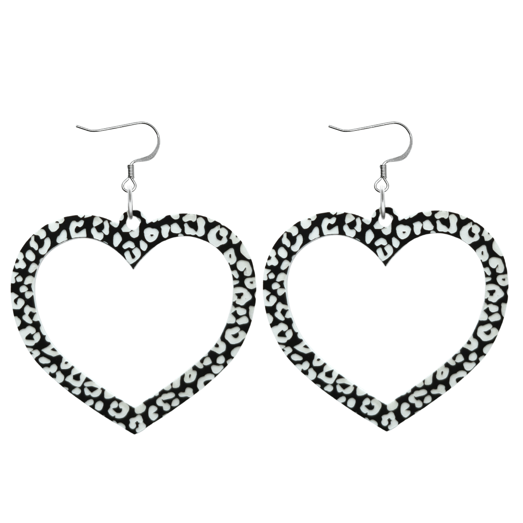 haus of dizzy black and white barbie heart earrings in leopard print size large with hooks no heart tops