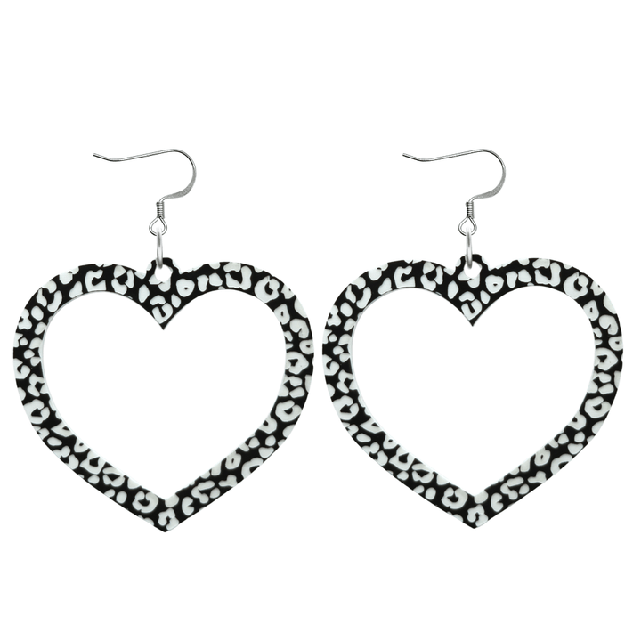 haus of dizzy black and white barbie heart earrings in leopard print size large with hooks no heart tops