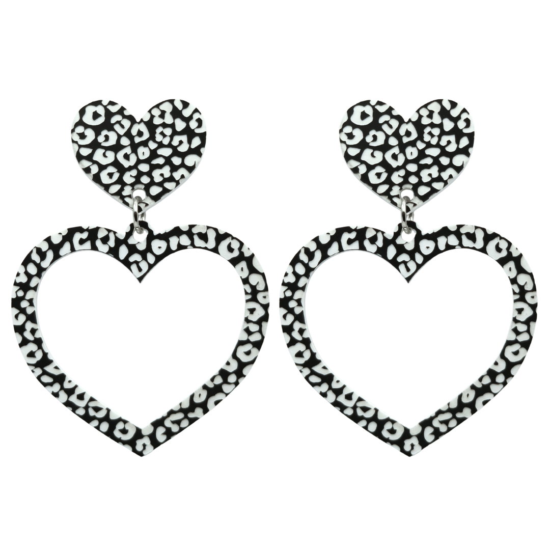 haus of dizzy black and white barbie heart earrings in leopard print size large
