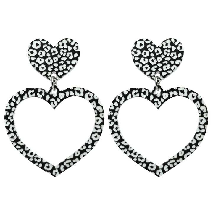 haus of dizzy black and white barbie heart earrings in leopard print size large
