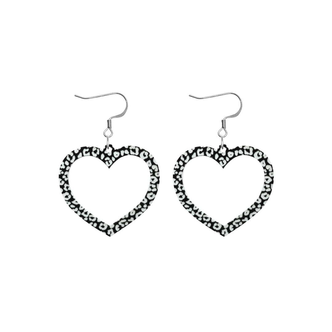 haus of dizzy black and white barbie heart earrings in leopard print size small with hooks no heart tops