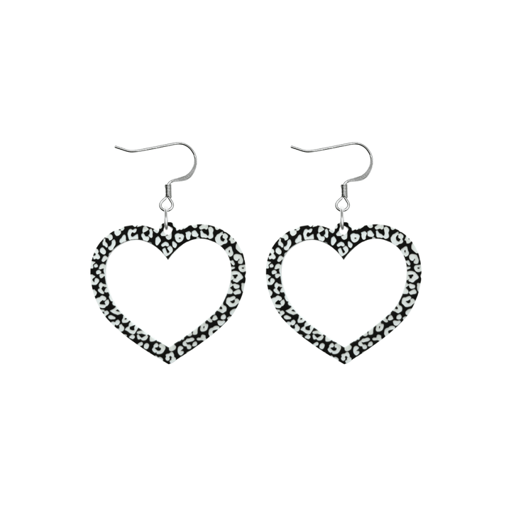 haus of dizzy black and white barbie heart earrings in leopard print size small with hooks no heart tops