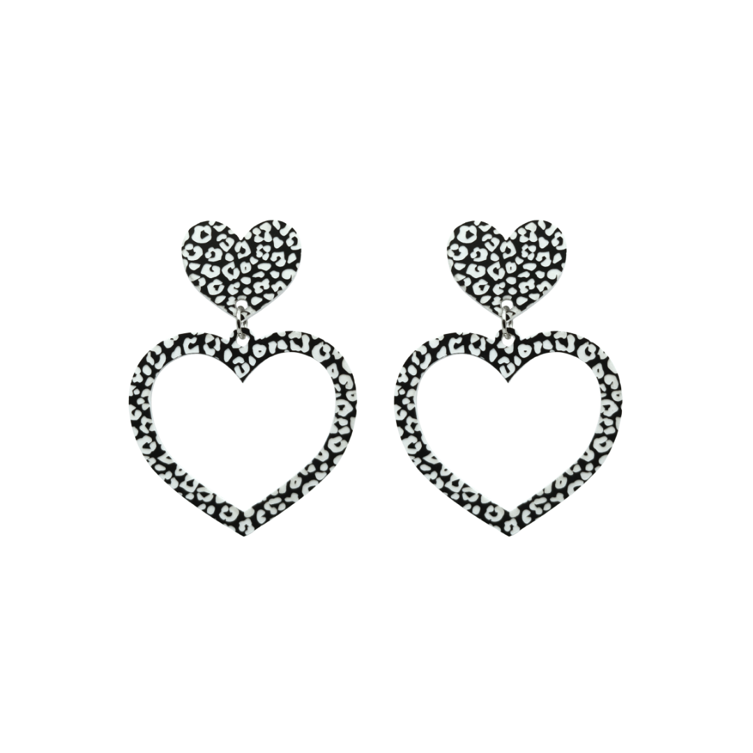 haus of dizzy black and white barbie heart earrings in leopard print size small