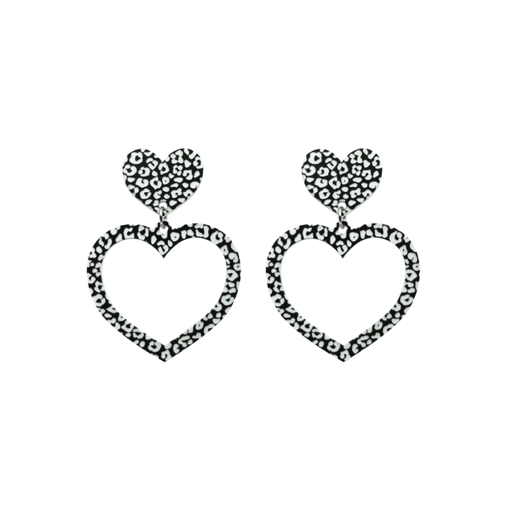 haus of dizzy black and white barbie heart earrings in leopard print size small